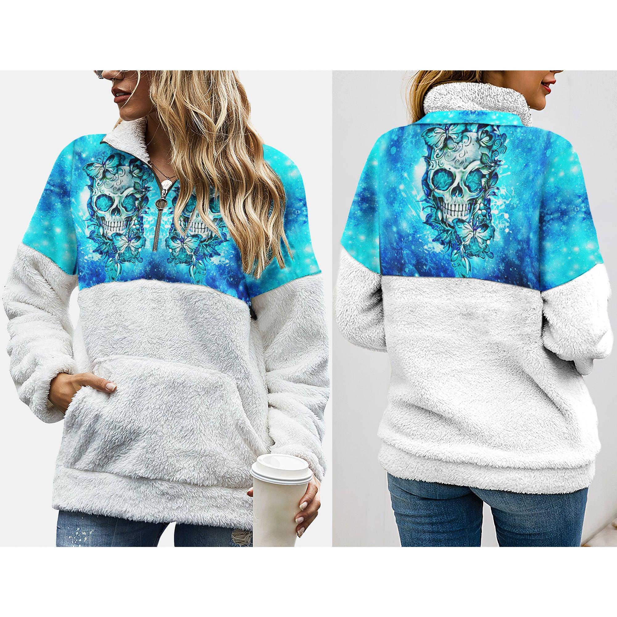 Blue Ice Skull Butterfly Fleece Sweatshirt With Half Zip - Wonder Skull