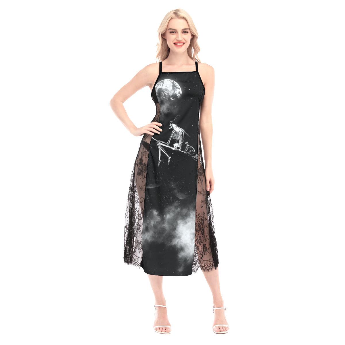 Halloween Witchy All-Over Print Women Lace Cami Cross Back Dress - Wonder Skull
