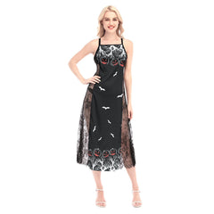 Halloween Red Black Pumpkin Tree Women Lace Cami Cross Back Dress - Wonder Skull