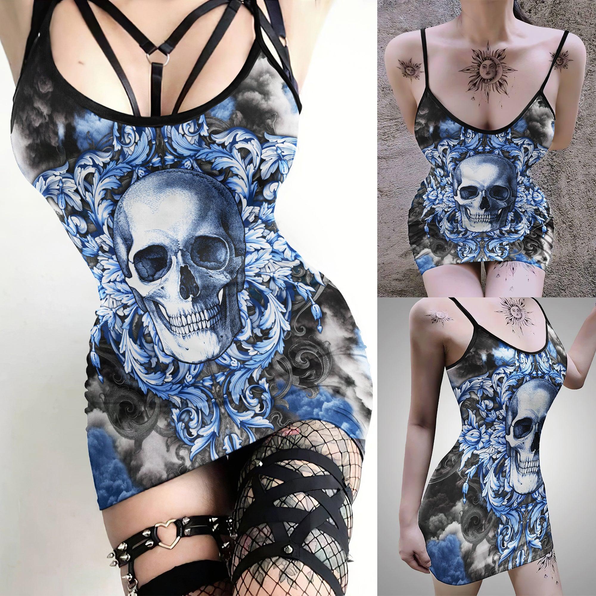 Blue Cloud Skull Printed Body Dress, Elegant Shape Out Sleeveless Minidress For Women - Wonder Skull