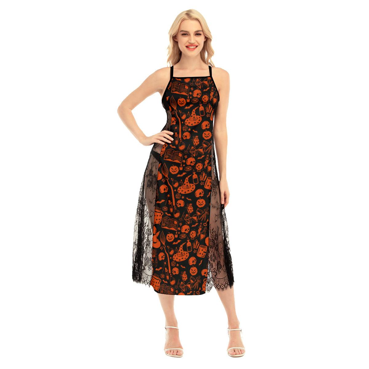 Halloween Skull Party All-Over Print Women Lace Cami Cross Back Dress - Wonder Skull