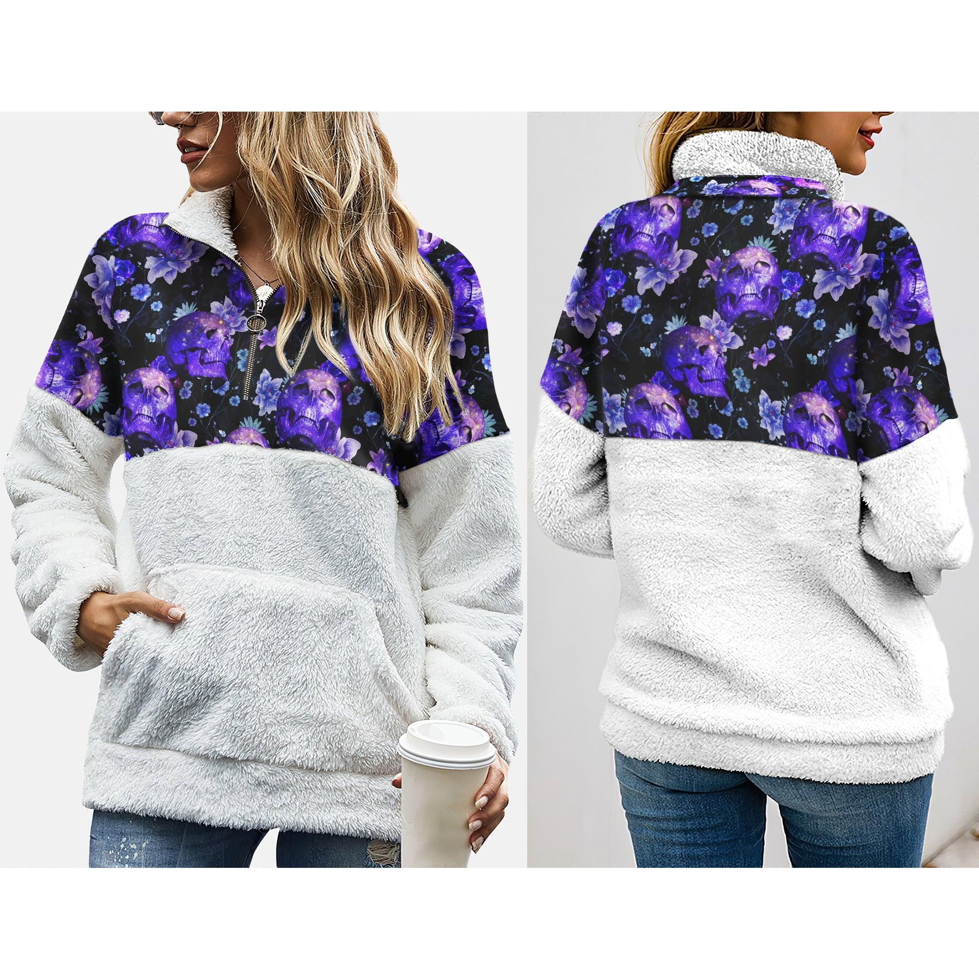 Dark Violet Skull Fleece Sweatshirt With Half Zip - Wonder Skull