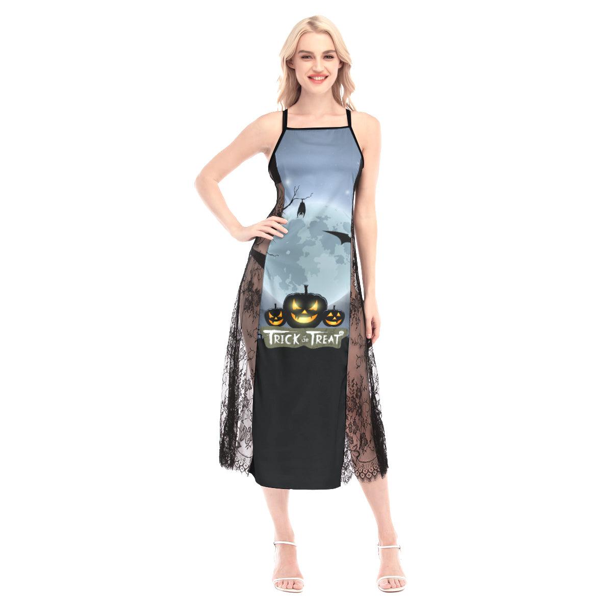 Halloween Trick Or Treat Pumpkin All-Over Print Women Lace Cami Cross Back Dress, Nightgown - Wonder Skull