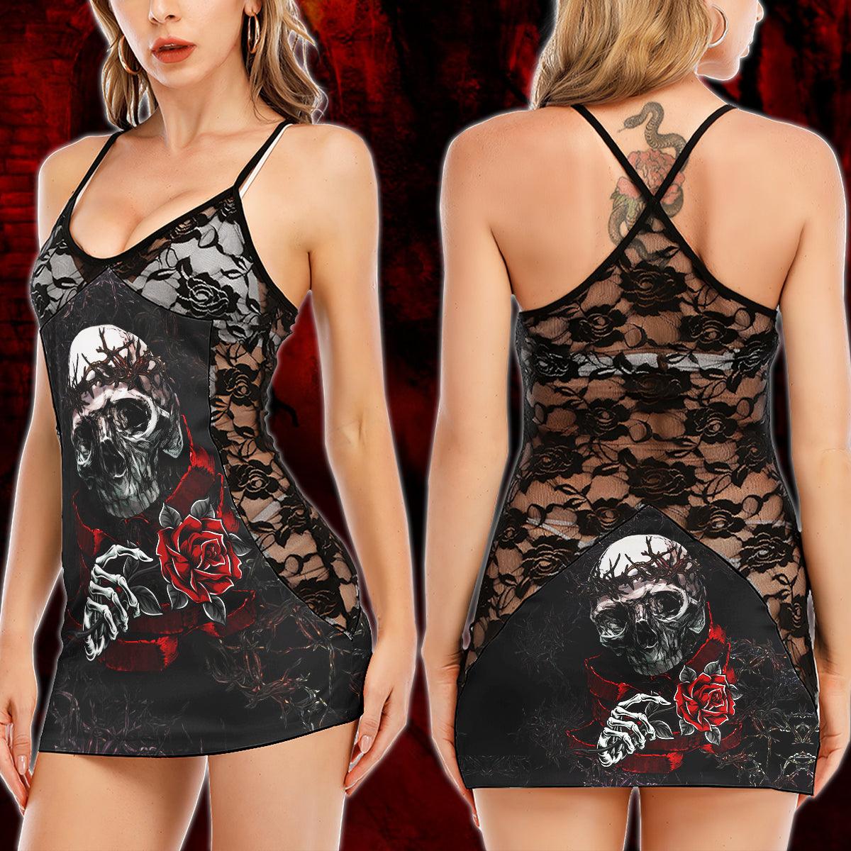 Romantic Gothic Skull Love Rose Lace Babydoll For Women - Wonder Skull