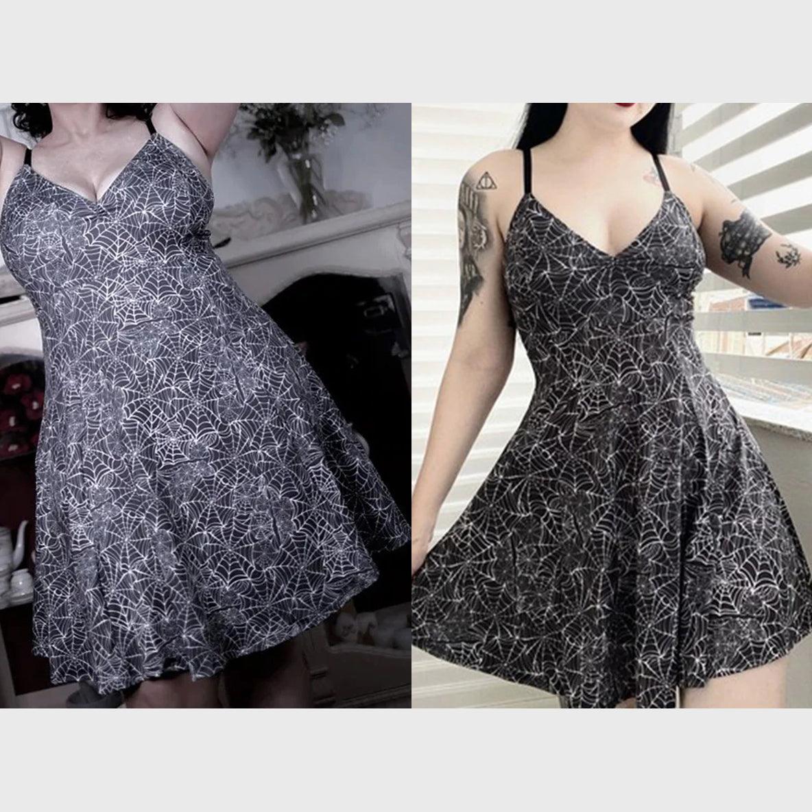 Gothic Punk Spider Net Printed Dress, Sexy Grunge Sleeveless Clubwear For Women - Wonder Skull