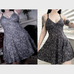 Gothic Punk Spider Net Printed Dress, Sexy Grunge Sleeveless Clubwear For Women - Wonder Skull