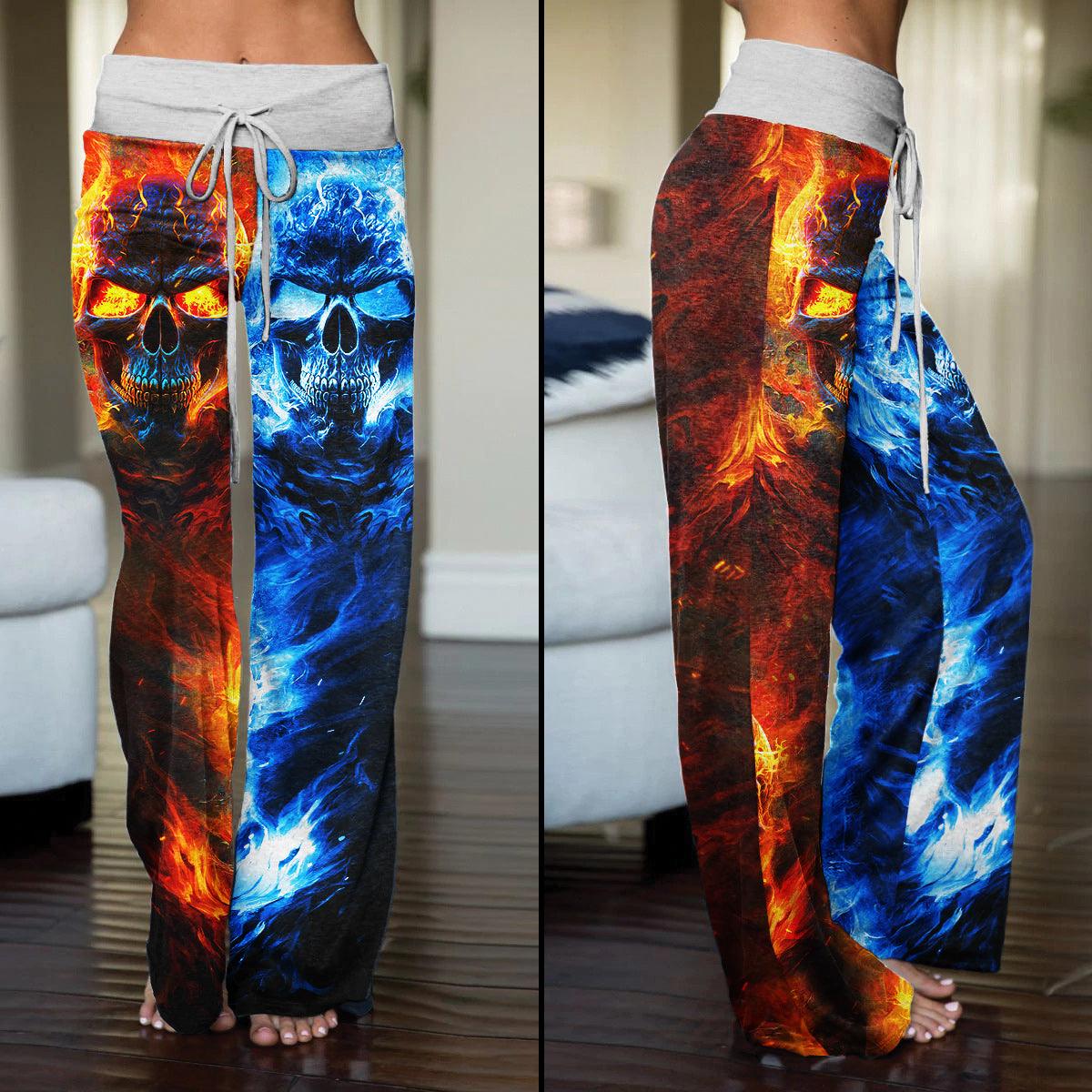Orange Blue Color Block Skull High-waisted Wide Leg Pants - Wonder Skull