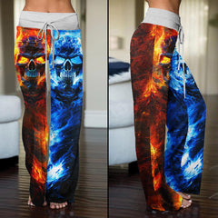 Orange Blue Color Block Skull High-waisted Wide Leg Pants - Wonder Skull