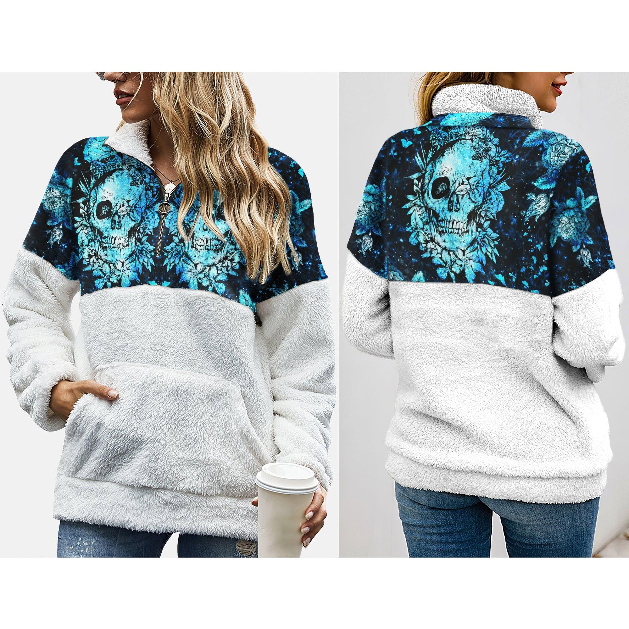 Frozen Iced Skull Flower Fleece Sweatshirt With Half Zip - Wonder Skull