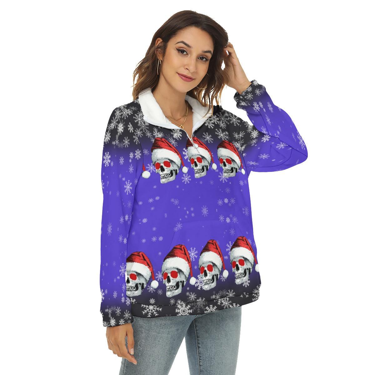 Blue Skull Snow Borg Fleece Sweatshirt With Half Zip - Wonder Skull