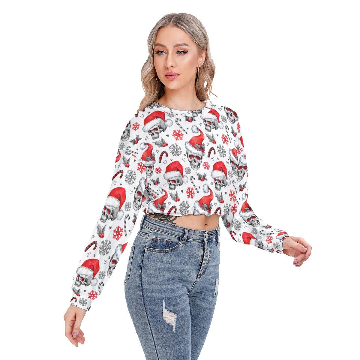 Skull Pattern Long Sleeve Sweatshirt With Hem Drawstring - Wonder Skull