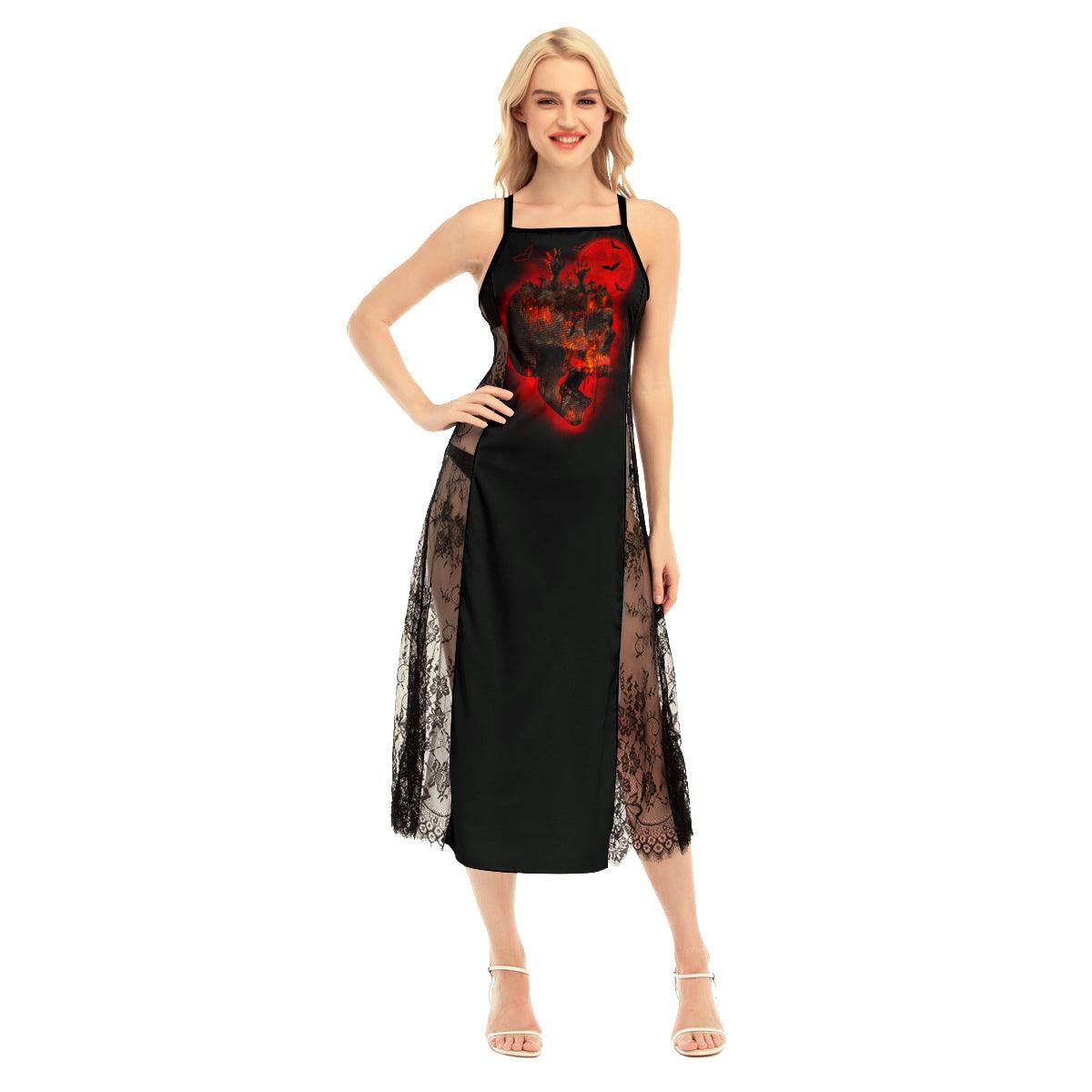 Bloody Head Skull All-Over Print Women Lace Cami Cross Back Dress, Sexy Nightgown - Wonder Skull