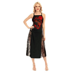 Bloody Head Skull All-Over Print Women Lace Cami Cross Back Dress, Sexy Nightgown - Wonder Skull