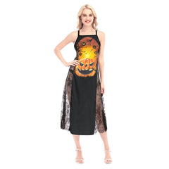 Halloween Pumpkin Tree Women Lace Cami Cross Back Dress, Sleepwear - Wonder Skull