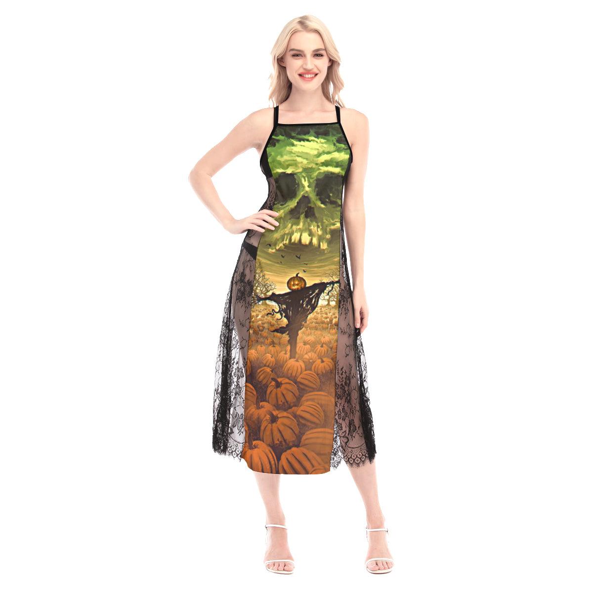 Halloween Scary Pumpkin Skull All-Over Print Women Lace Cami Cross Back Dress - Wonder Skull