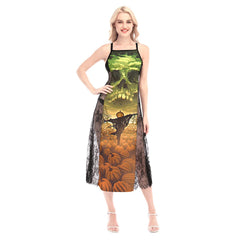 Halloween Scary Pumpkin Skull All-Over Print Women Lace Cami Cross Back Dress - Wonder Skull