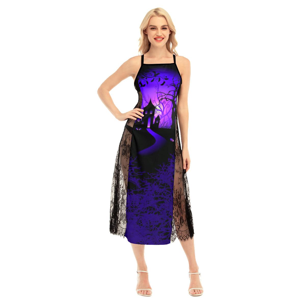 Cat Eye Castle All-Over Print Women Lace Cami Cross Back Dress, Sexy Spaghetti Strap Sleepwear For Women - Wonder Skull