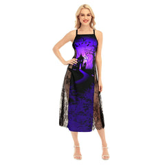 Cat Eye Castle All-Over Print Women Lace Cami Cross Back Dress, Sexy Spaghetti Strap Sleepwear For Women - Wonder Skull