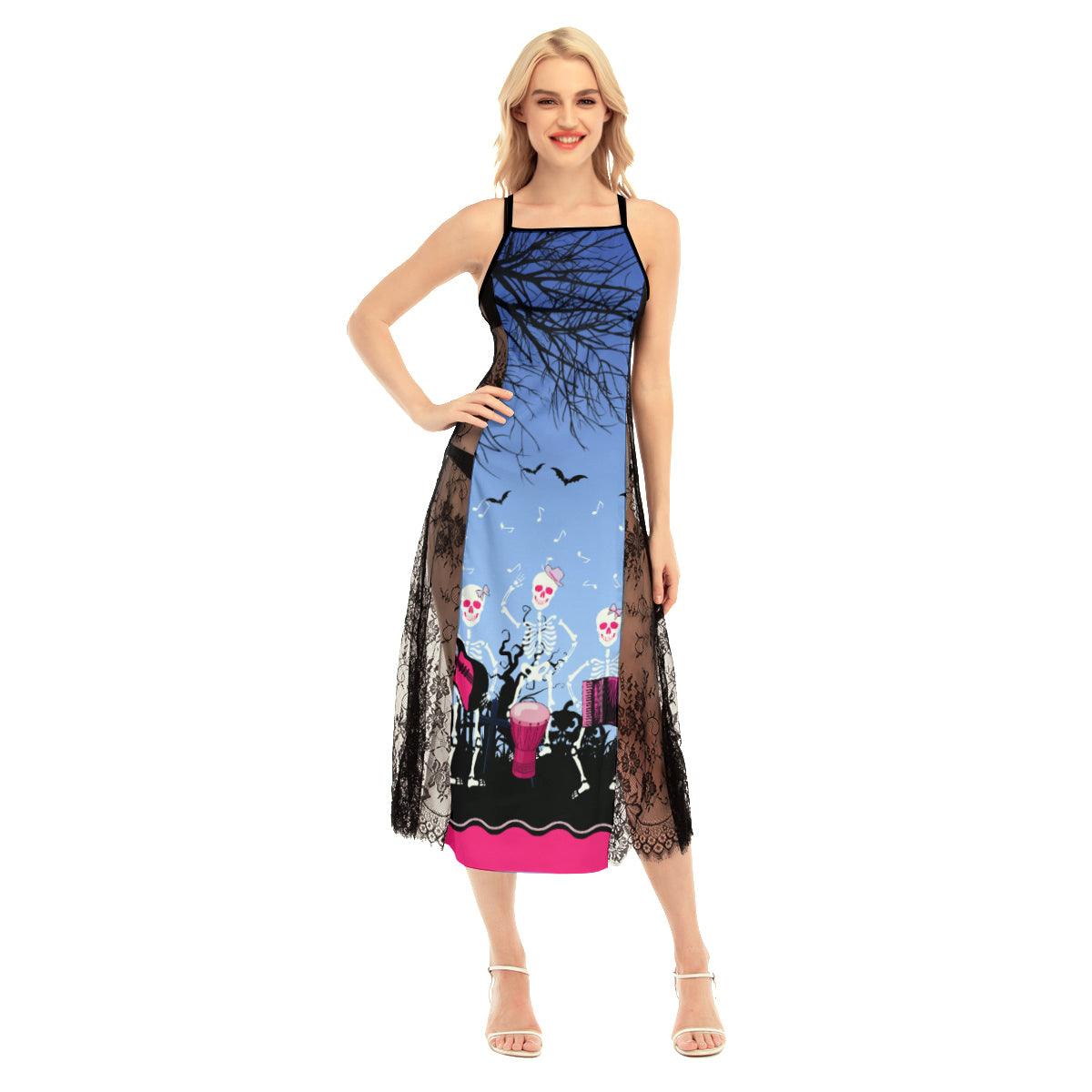 Mexico Skull All-Over Print Women Lace Cami Cross Back Dress - Wonder Skull