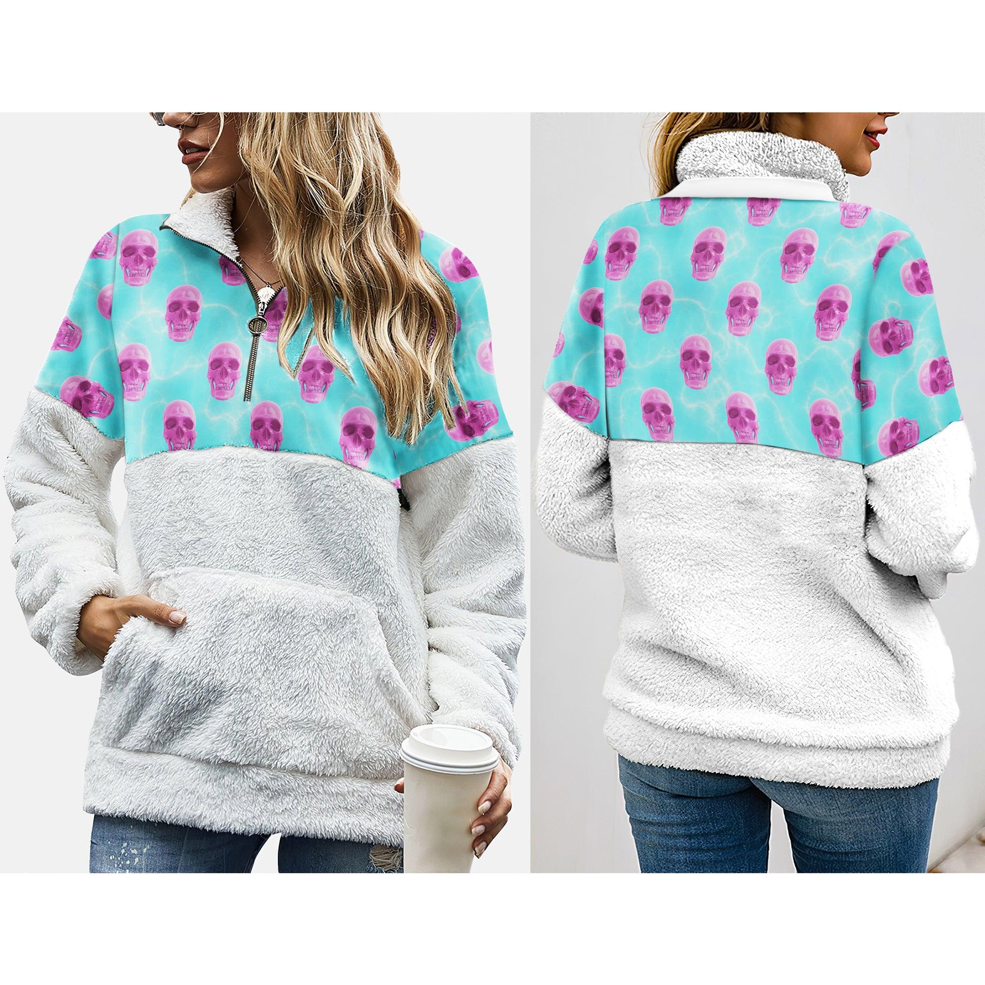 Pink Blue Skull Pattern Fleece Sweatshirt With Half Zip - Wonder Skull