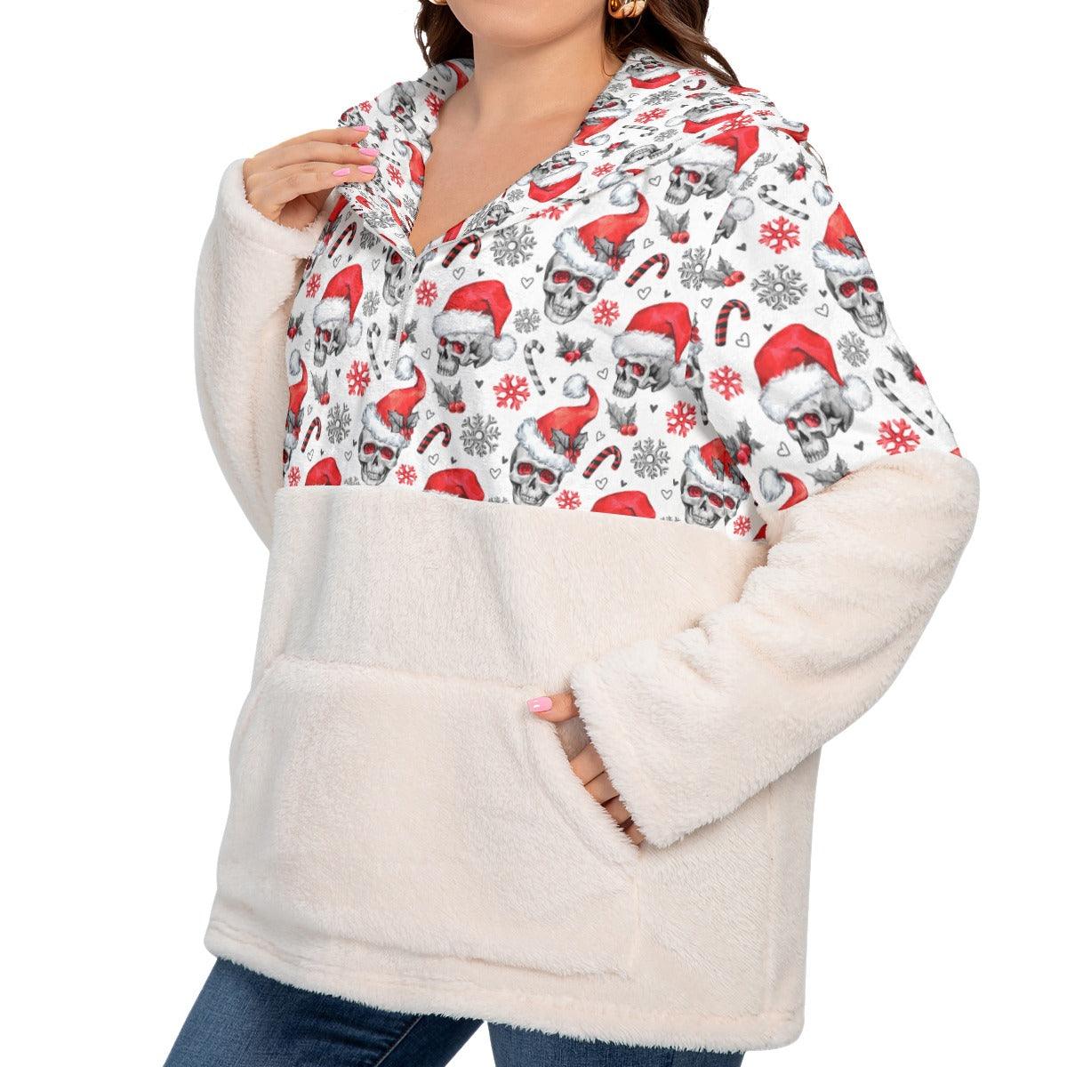 Christmas Skull Pattern Borg Fleece Hoodie With Half Zip - Wonder Skull