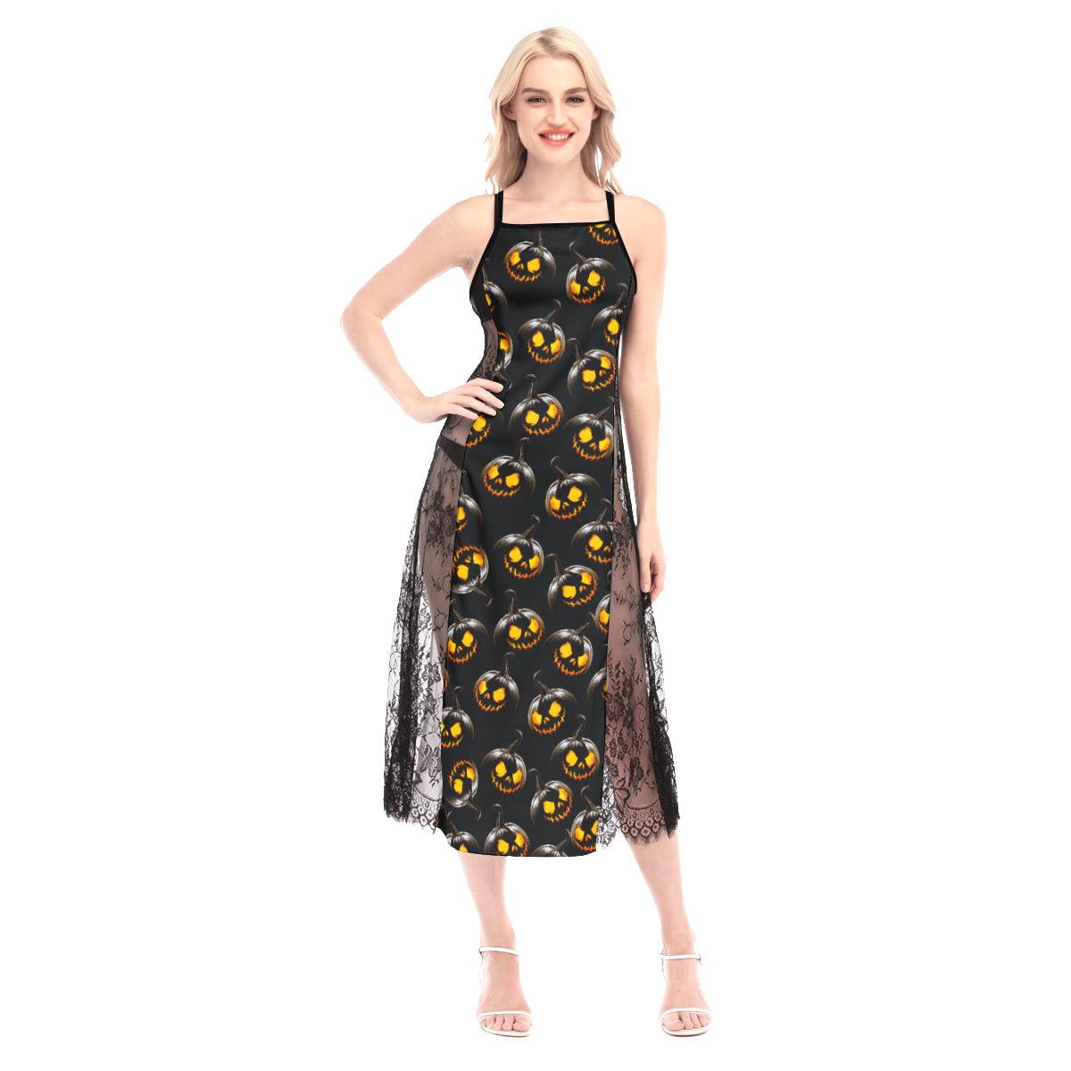 Black Skull Pumpkin All-Over Print Women Lace Cami Cross Back Dress - Wonder Skull