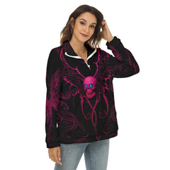 Pink Skull Butterfly Borg Fleece Sweatshirt With Half Zip - Wonder Skull