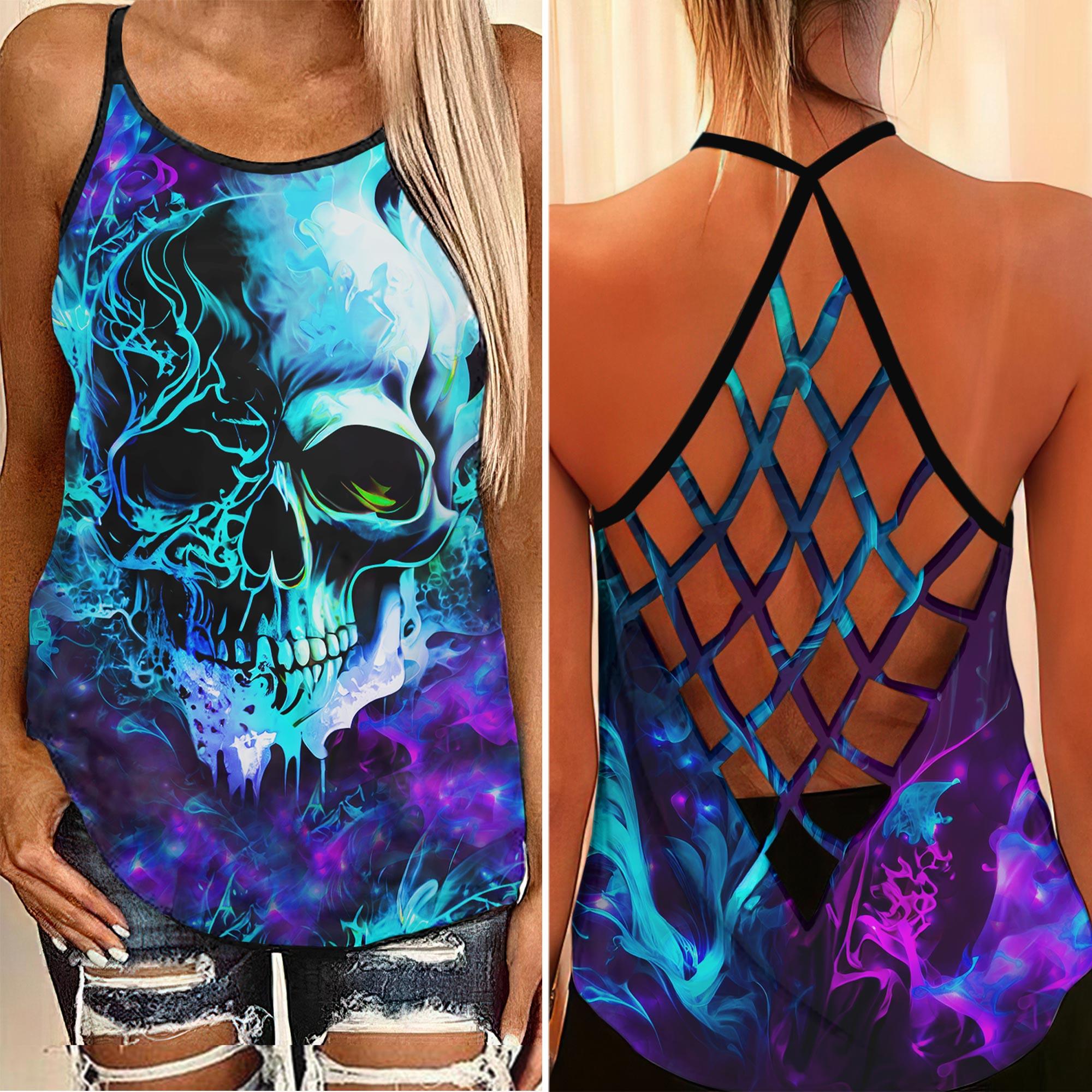 Skull Abtract 3D Criss-Cross Open Back Tank Top - Wonder Skull