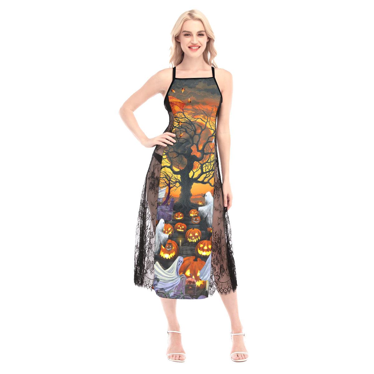 Halloween Boo Party All-Over Print Women Lace Cami Cross Back Dress, Gorgeous Nightgown - Wonder Skull