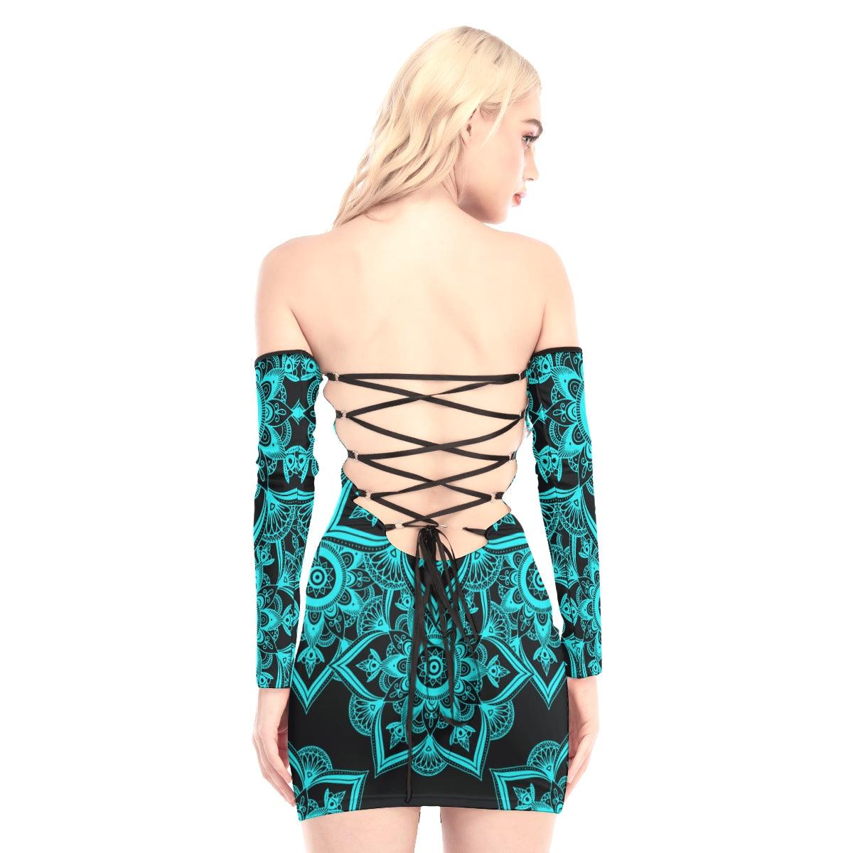 Turquoise Mandala Skull Off-shoulder Back Lace-up Dress - Wonder Skull