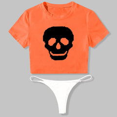 Women Swimming Short Sleeve Crop Top Sports Thong Fitness - Wonder Skull