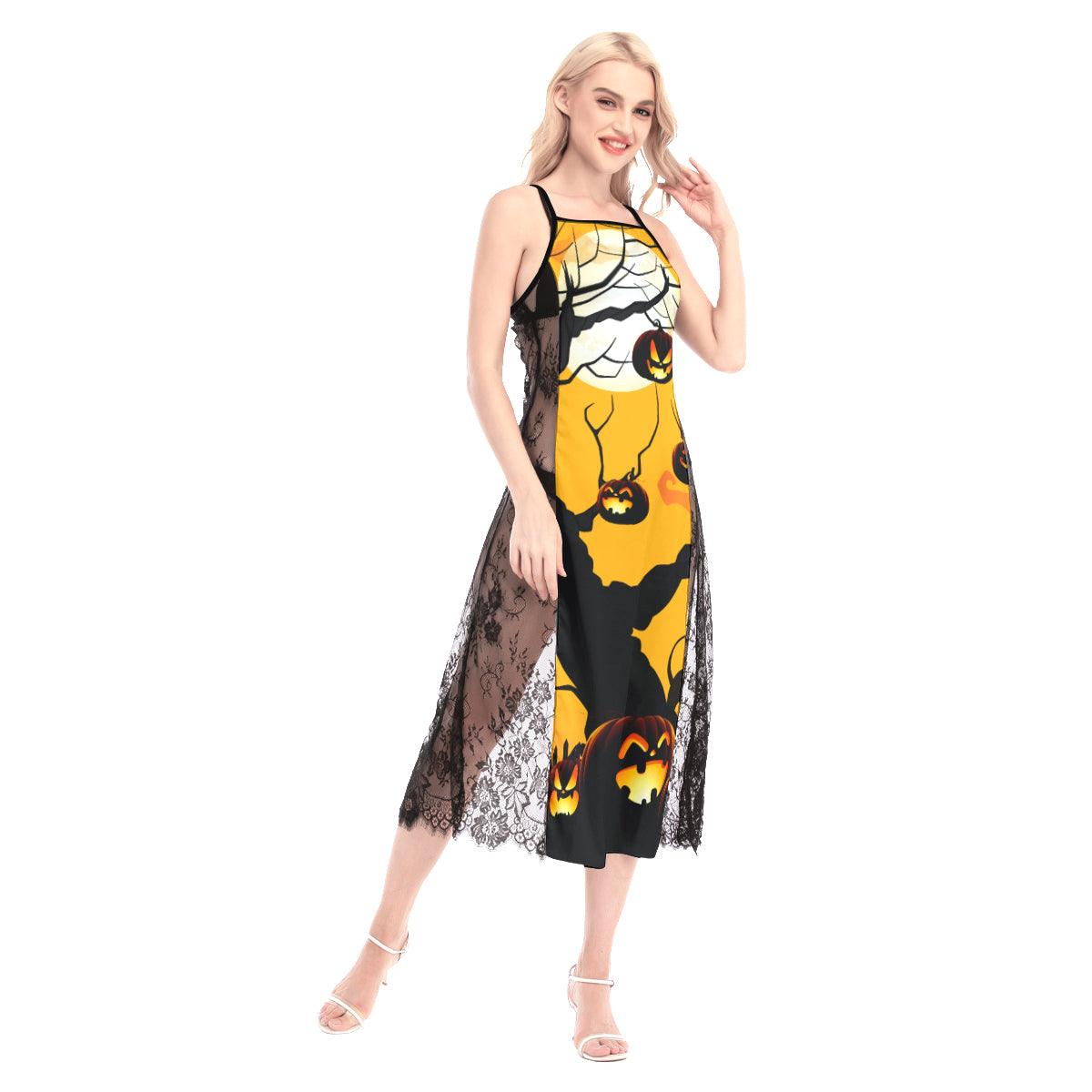Halloween Night All-Over Print Women Lace Cami Cross Back Dress, Sexy Sleepwear - Wonder Skull