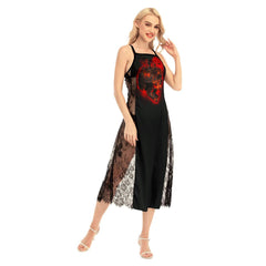 Bloody Head Skull All-Over Print Women Lace Cami Cross Back Dress, Sexy Nightgown - Wonder Skull