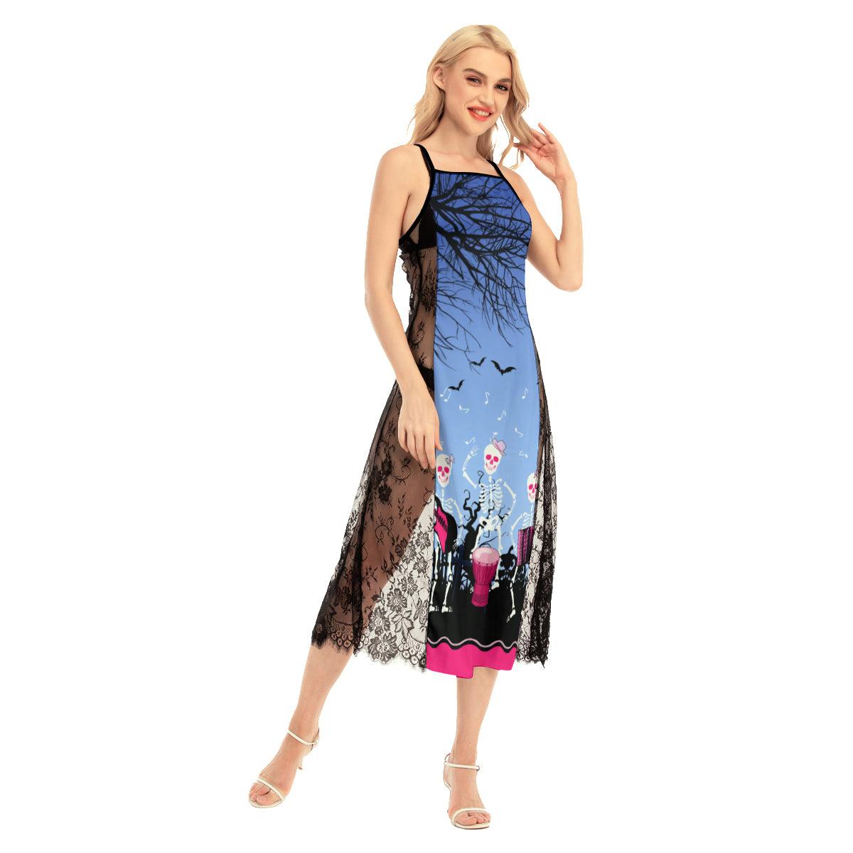 Mexico Skull All-Over Print Women Lace Cami Cross Back Dress - Wonder Skull