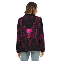 Pink Skull Butterfly Borg Fleece Sweatshirt With Half Zip - Wonder Skull