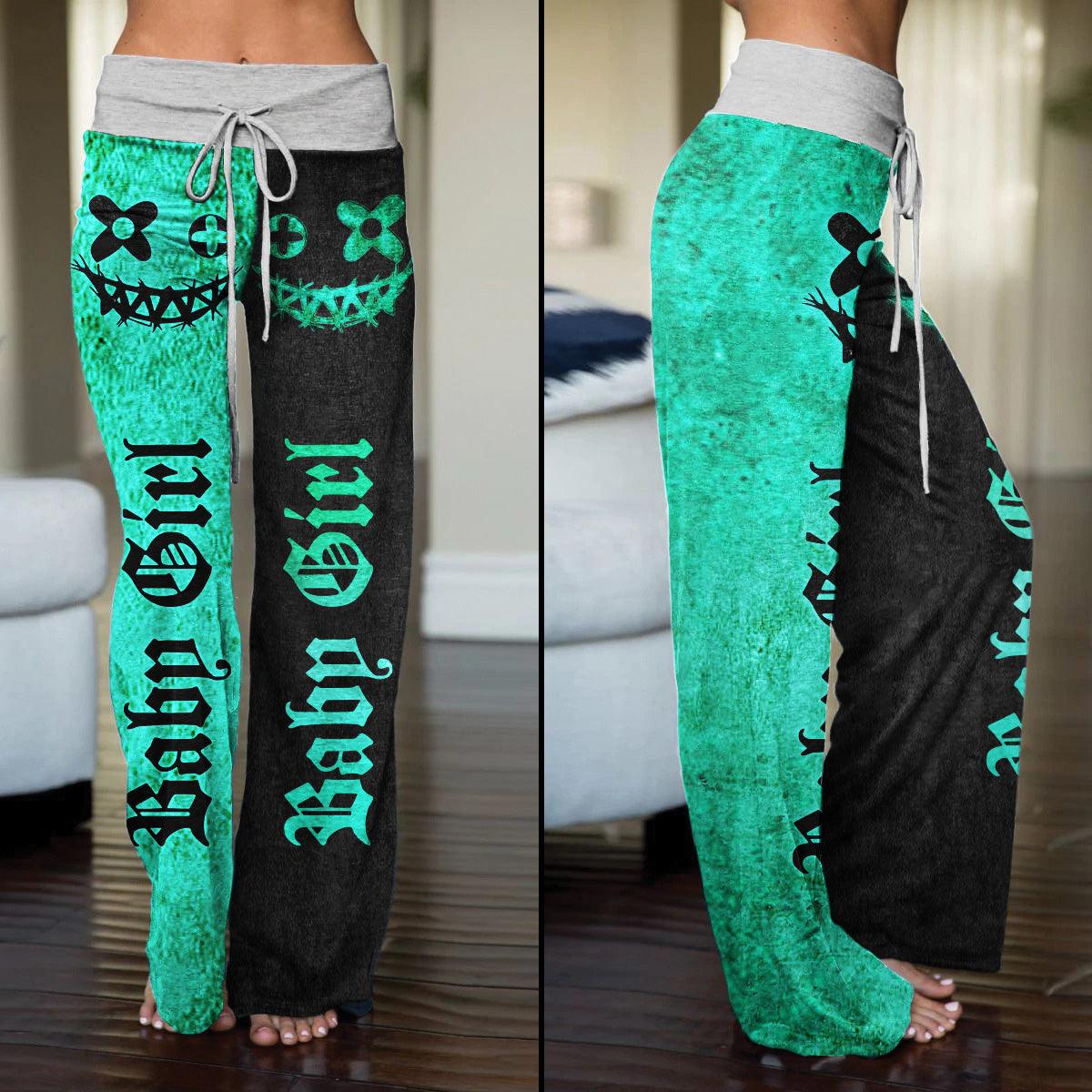 Green Black Skull Face High-waisted Straight-leg Trousers - Wonder Skull
