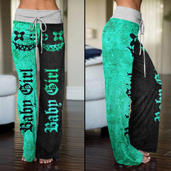 Green Black Skull Face High-waisted Straight-leg Trousers - Wonder Skull