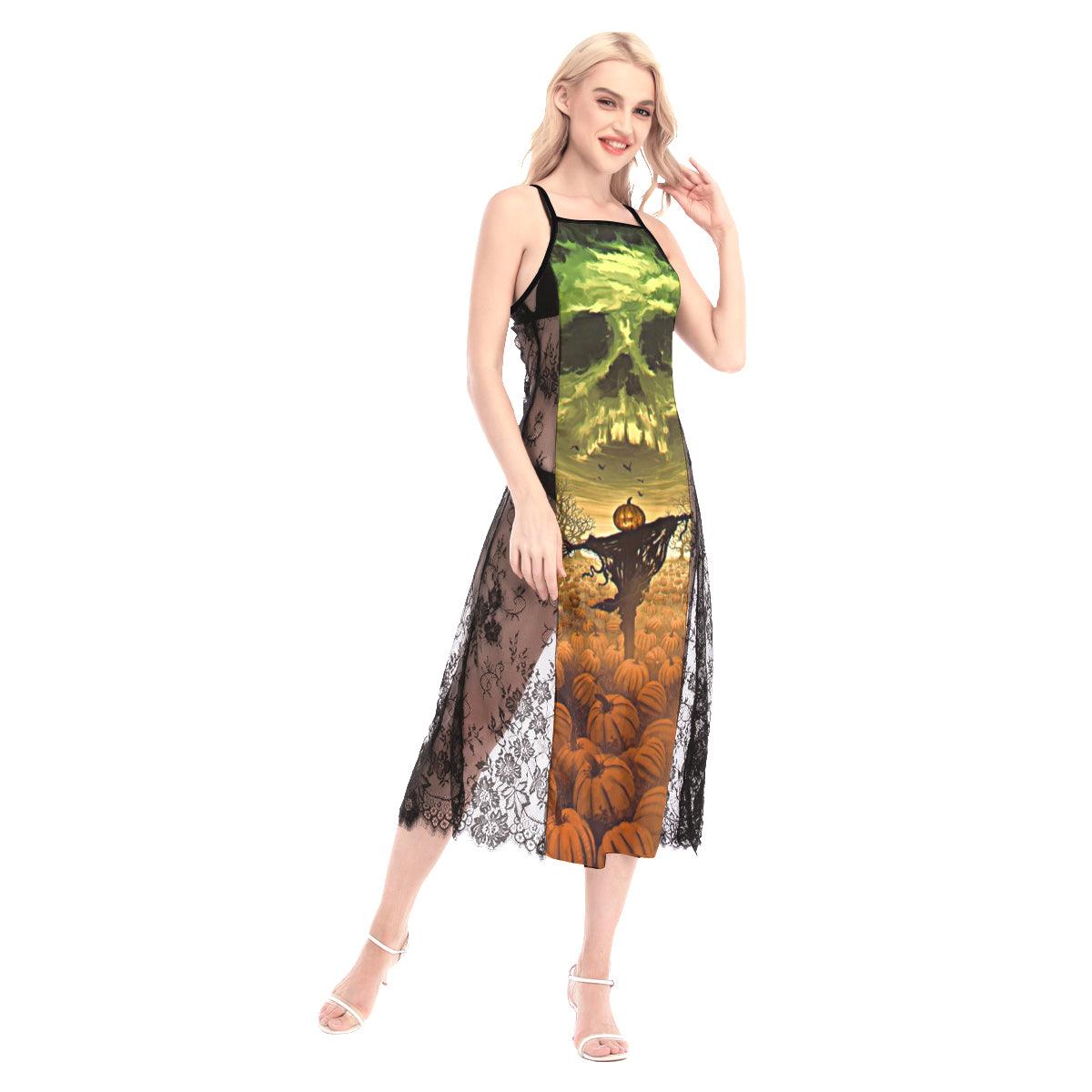 Halloween Scary Pumpkin Skull All-Over Print Women Lace Cami Cross Back Dress - Wonder Skull