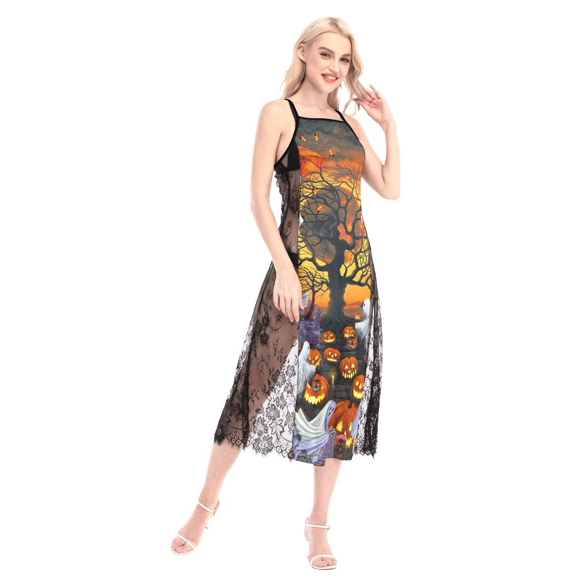 Halloween Boo Party All-Over Print Women Lace Cami Cross Back Dress, Gorgeous Nightgown - Wonder Skull