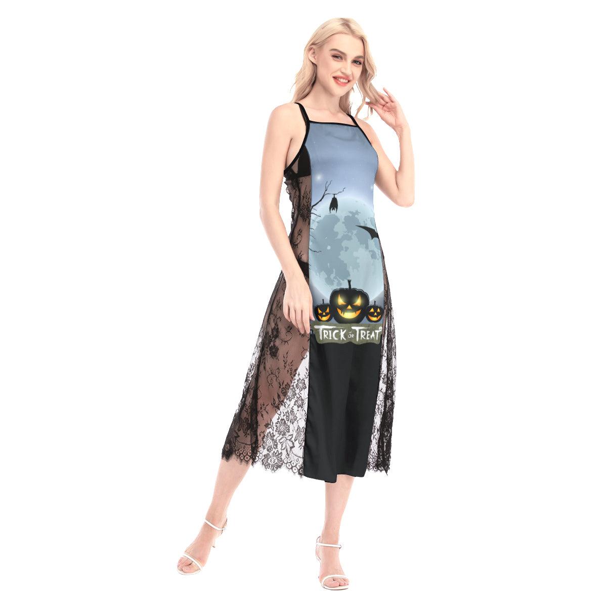 Halloween Trick Or Treat Pumpkin All-Over Print Women Lace Cami Cross Back Dress, Nightgown - Wonder Skull