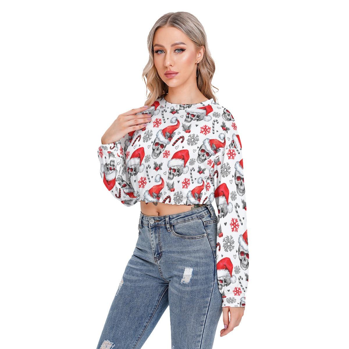 Skull Pattern Long Sleeve Sweatshirt With Hem Drawstring - Wonder Skull