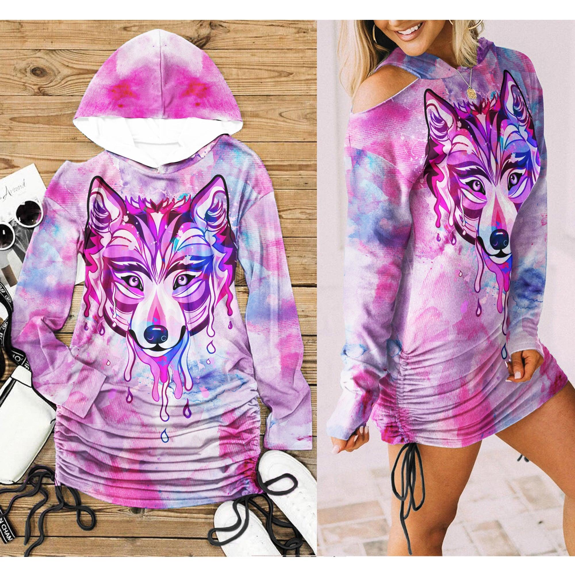 Purple & Pink Wolf All Over Print Women One Shoulder Dress With Waist Shirring, Long Hoodie For Women - Wonder Skull