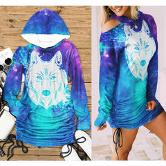Blue Space Wolf One Shoulder For Women - Wonder Skull