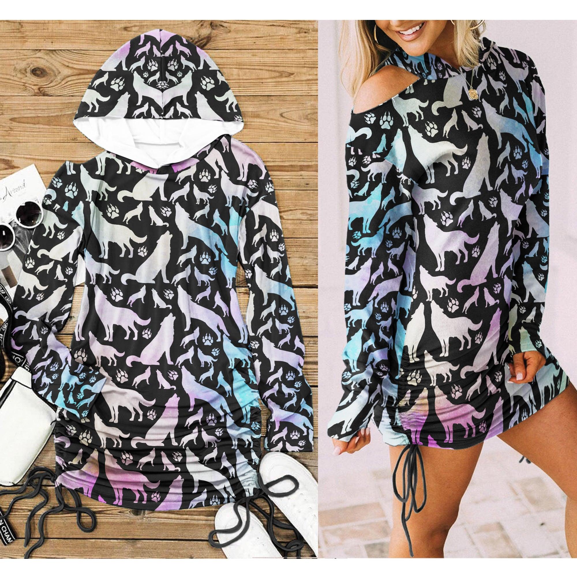 Galaxy Wolf Pattern All Over Print Women One Shoulder Dress With Waist Shirring, Long Hoodie For Women - Wonder Skull