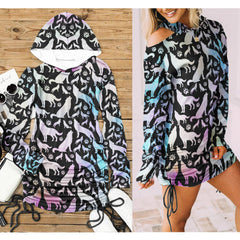 Galaxy Wolf Pattern All Over Print Women One Shoulder Dress With Waist Shirring, Long Hoodie For Women - Wonder Skull