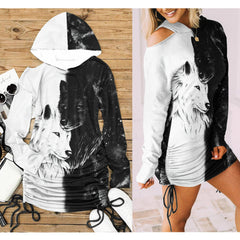 Black White Wolf All Over Print Women One Shoulder Dress With Waist Shirring, Long Hoodie For Women - Wonder Skull