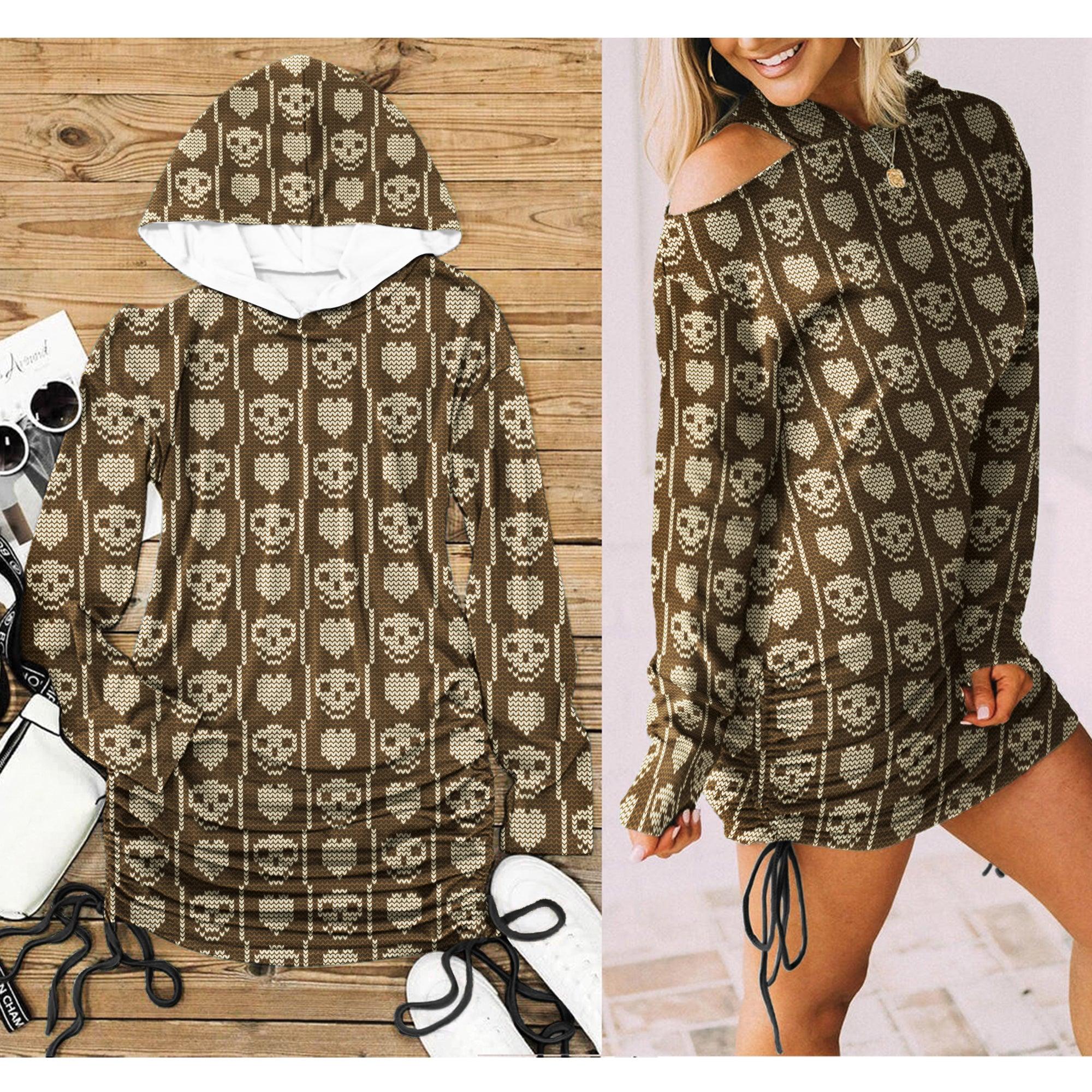 Christmas Brown Skull Heart Print Open Shoulder Dress - Wonder Skull