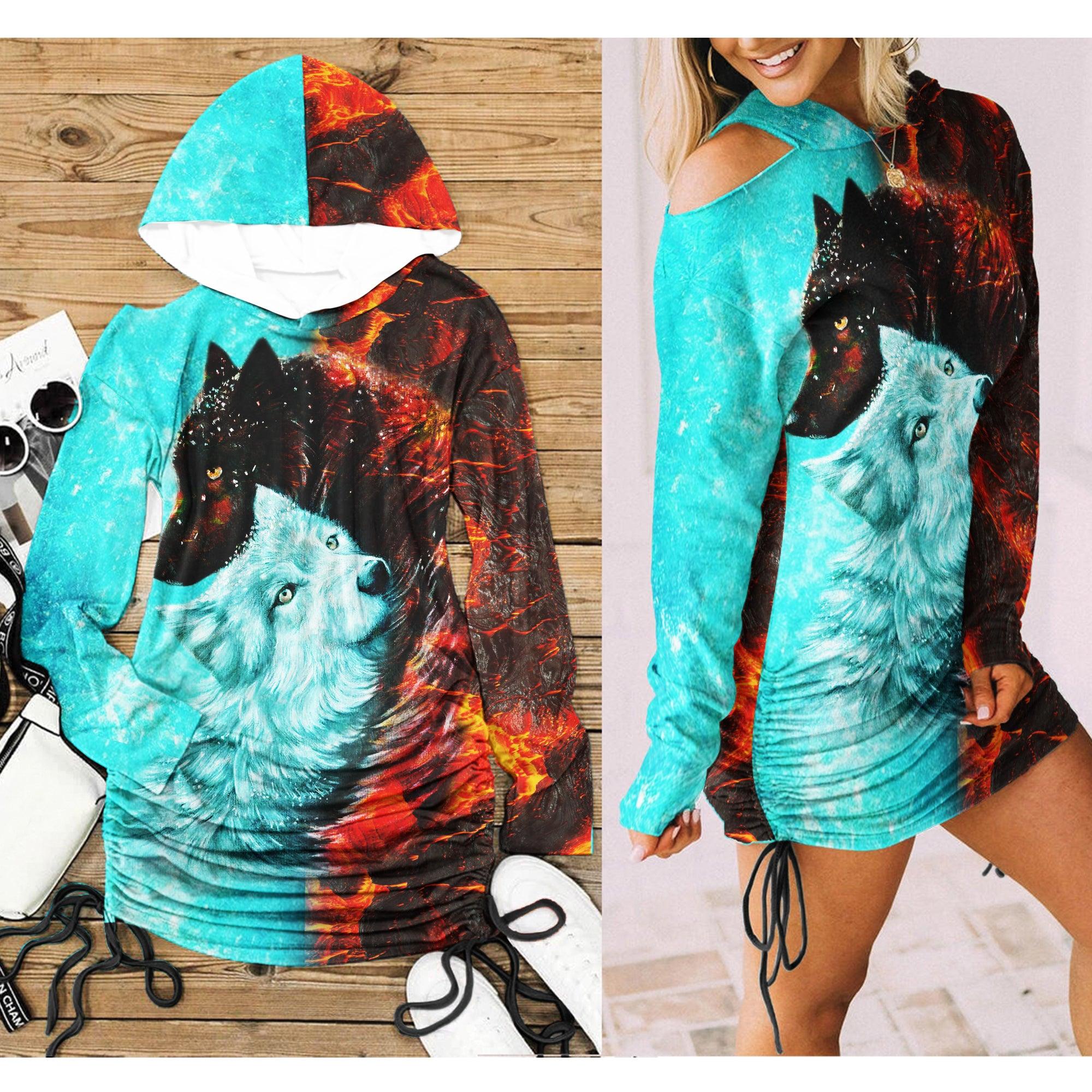 Fire Snow Wolf Fire All Over Print Women One Shoulder Dress With Waist Shirring, Long Hoodie For Women - Wonder Skull