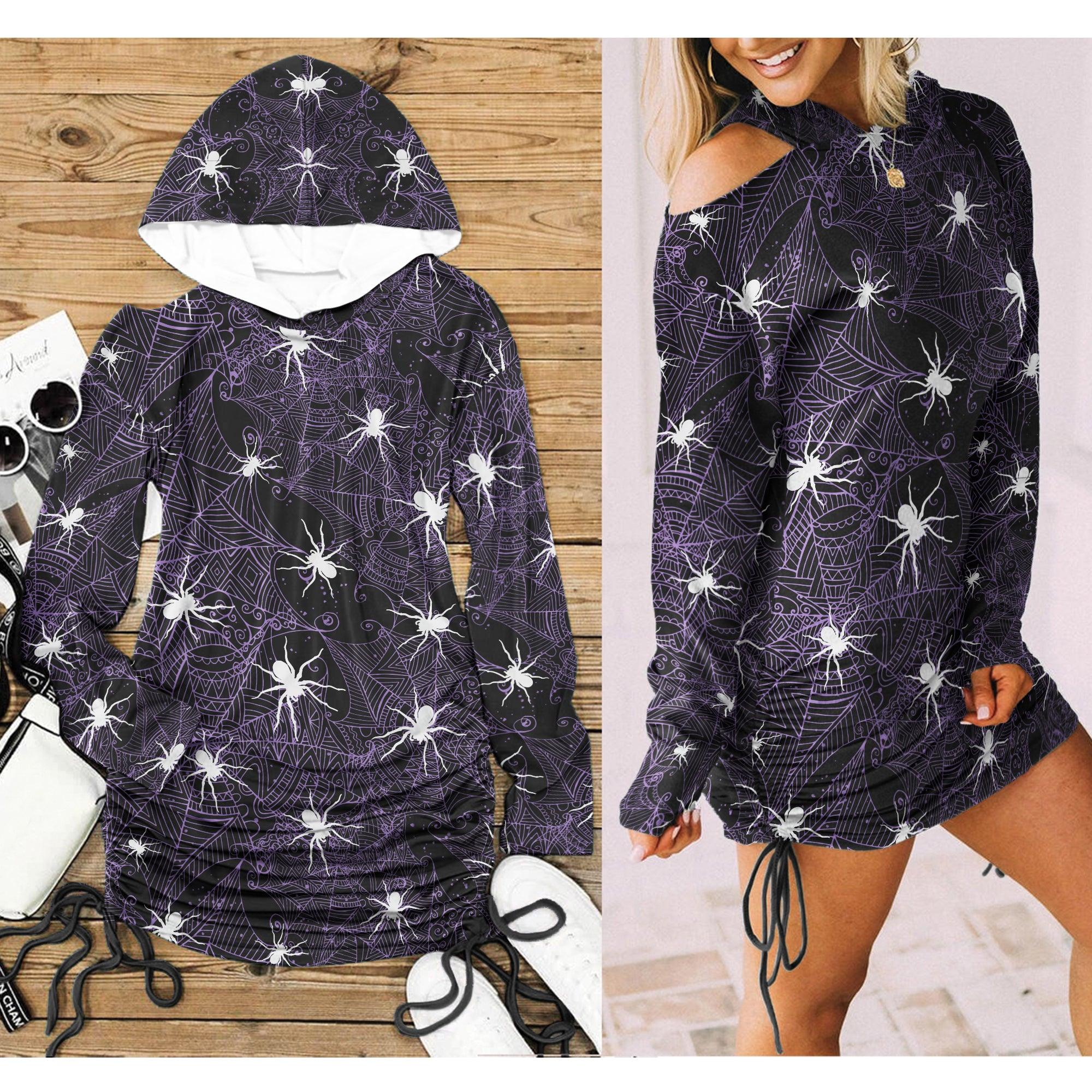 White Spider All Over Print Women One Shoulder Dress With Waist Shirring, Long Hoodie For Women - Wonder Skull
