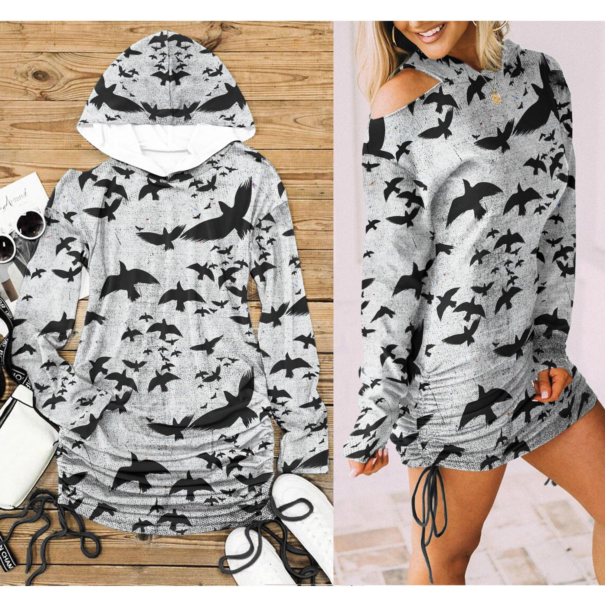 Gray Raven All Over Print Women One Shoulder Dress With Waist Shirring, Long Hoodie For Women - Wonder Skull